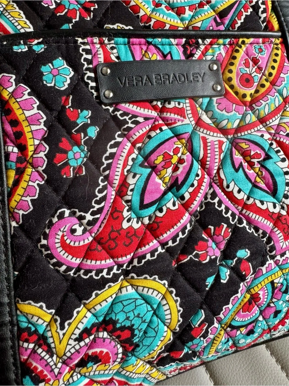 Vera Bradley Black Quilted Paisley Tote with Pink, Turquoise & Yellow Accents - Picture 4 of 6